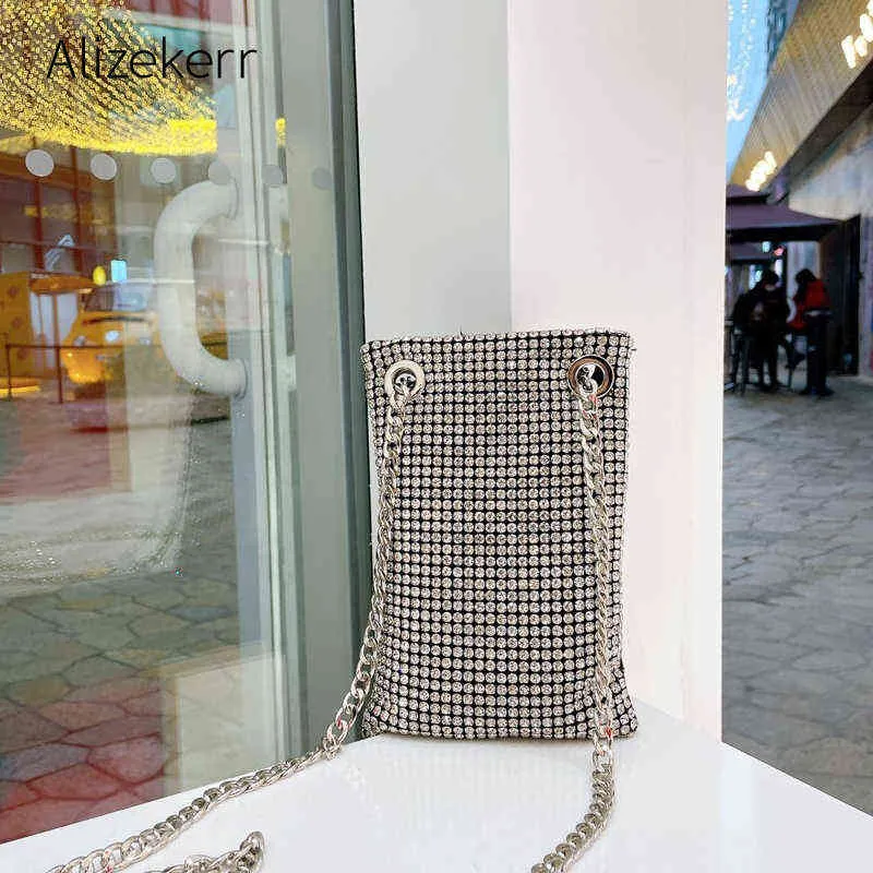 Borse da sera Borse a tracolla per telefono con diamanti per donna Designer di lusso Catena con strass in argento Piccole borse e borsette di alta qualità 220316