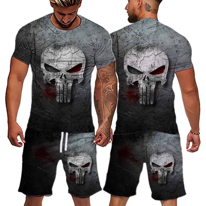 Survêtements pour hommes Summer Horrible Skull Shorts Casual Ensembles Impression T-shirt 2 pièces Costume Mode Sportswear Survêtement MenMen's Men'sMen's