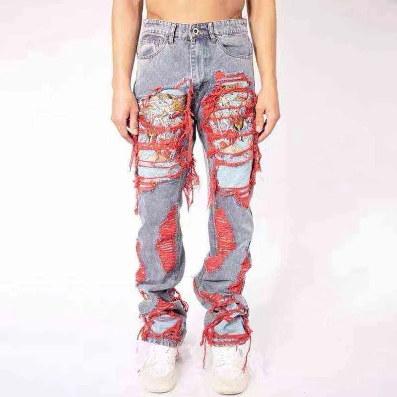 Europeisk och amerikansk vibe-stil Herr Retro High Street Hip-Hop Heavy Industry Brodery Women's Loose Jeans Trousers Tide T220803