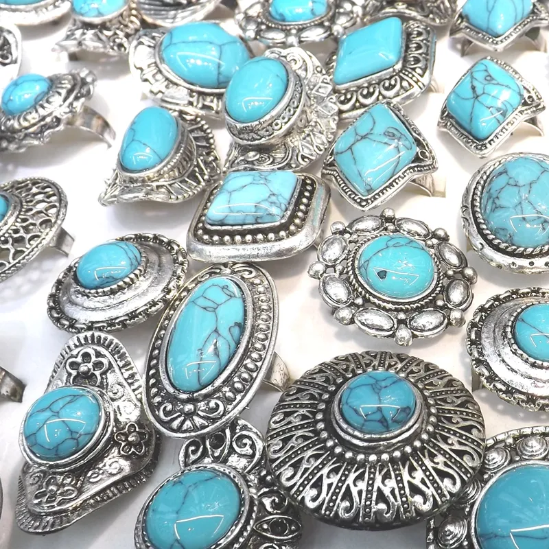 Vintage zilveren toonringen verstelbare turquoise ringen 50 stks/veel groothandel