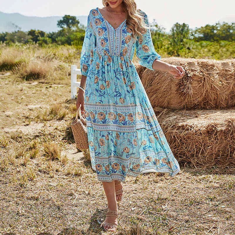 Safari Dream Boheemian Midi Dress / Blush Floral Print Cocktail Party -jurken | Boho Chase de zonjurken voor vrouwen -3/4 mouwen G220510