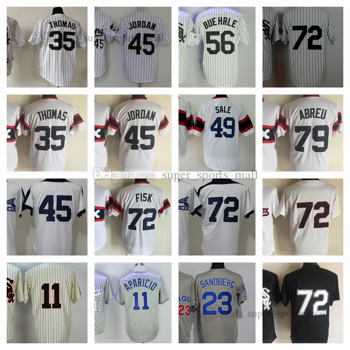 Vintage mlb baseball uniforms featuring Carlton Fisk Jose Abreu Luis Aparicio Robin Ventura Frank Thomas Michael Jordan Chris Sale and Mark Buehrle Numbers 72 79 1976 23 35 45 49 56