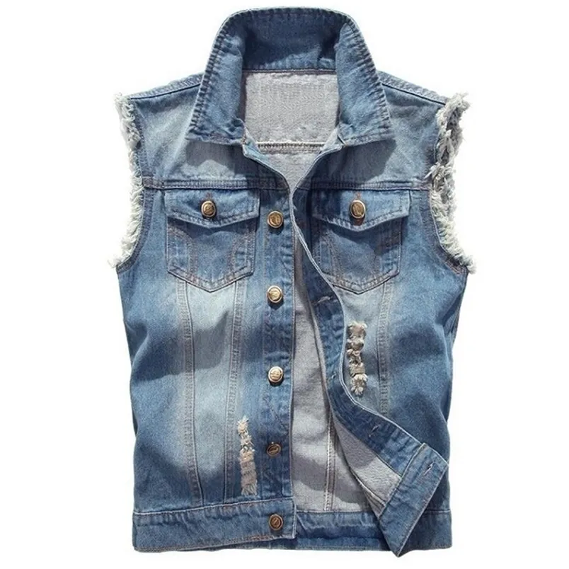 Denim ärmlös jacka män mode rippade bomull jean västar gilet casual jeans maistcoat cowboy hip hop streetwear kläder 220715