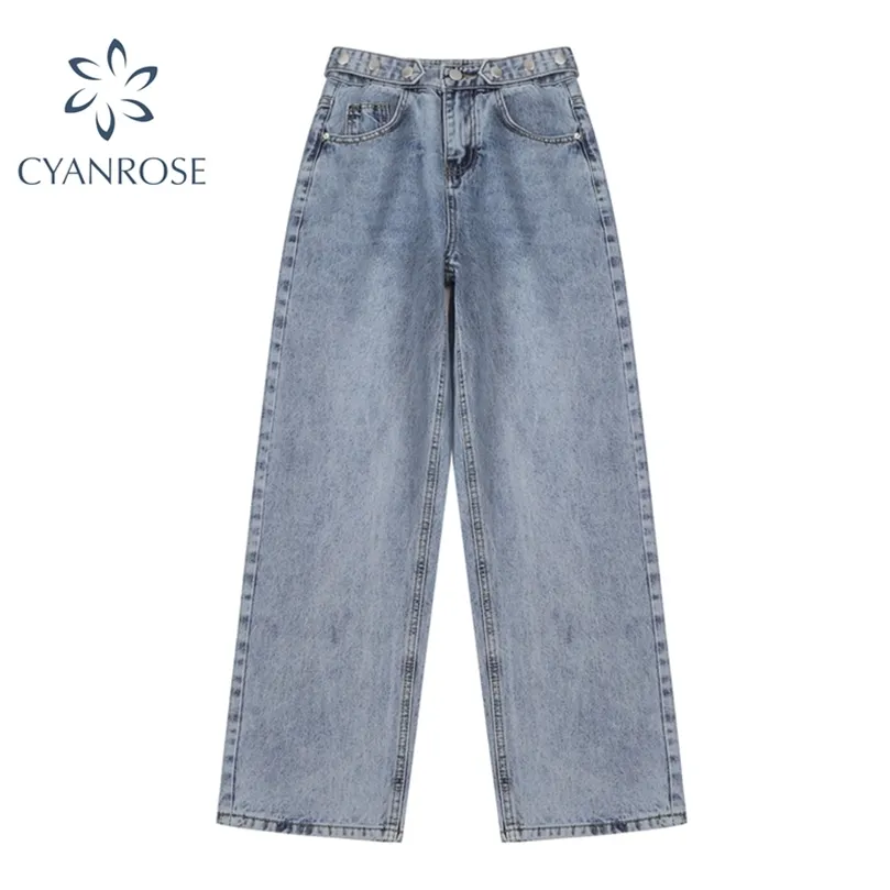 Ljusblå denim byxor vintage bred ben jeans kvinnor koreanska raka långa byxor hög midja avslappnad med bälte vår 210302