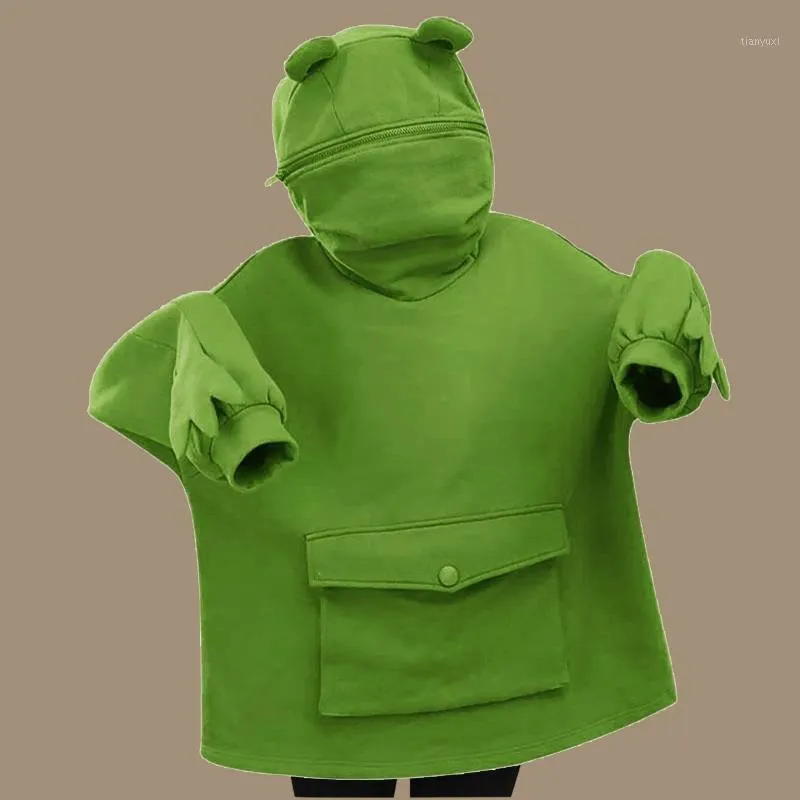 Felpe con cappuccio da donna Felpe con cappuccio Cute Frog Felpa con cappuccio verde spazzolato di media lunghezza Design con cuciture creative Pullover Pocket Sweatershirt