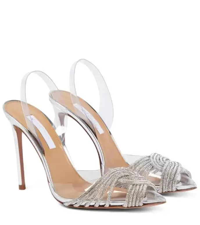 Estate di marca di lusso Gatsby Sandali scarpe per le donne Slingback Décolleté Turbinii di cristallo Puntali in PVC Punta a punta Lady Tacchi alti EU35-42