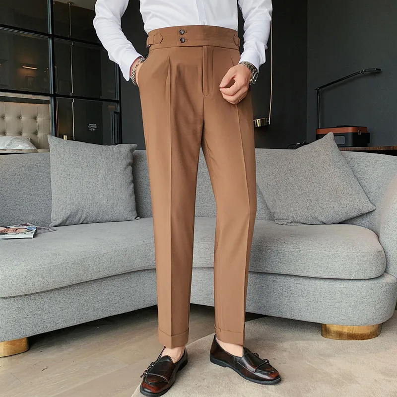 High Quality British Autumn High Rise Formal Pants For Men Slim