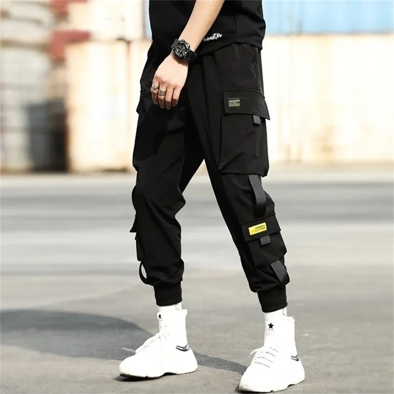 Hip-hop sokak jogger spor erkekler siyah harem pantolon çok cep kurdele erkek spor pantolon sokak sıradan pantolon m-3xl 201128