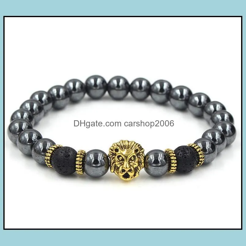 Black Hematite Beaded Strands Stone Lava Rock Bracelets Alloy Gold Plated Silver Skull  Owl For Women Men Bracelet