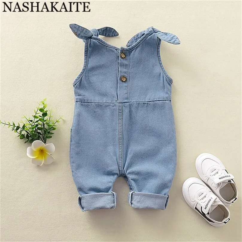 NASHAKAITE Baby Girl Clothes Shoulder Bandage Jeans Overalls Pocket Deco Cute Denim born Jumpsuit 220426