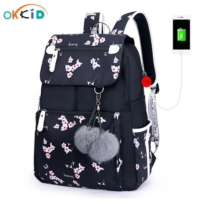 Okkid Pink Flower School Mochila para mujeres para mujeres Mochila de viajes de viajes mochila USB mochilas para niños en la escuela de estudiantes LJ201225