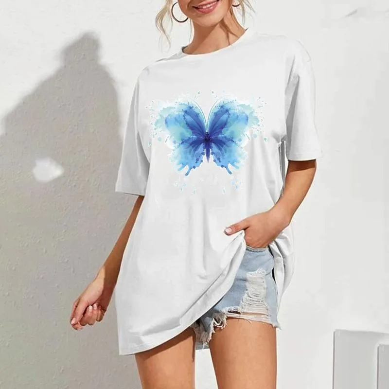 Camisetas Mulher multi-coloridas borboletas impressão padrão harajuku verão tshirts Casual redondo pescoço curto lue top branco camiseta mulheres t-sh