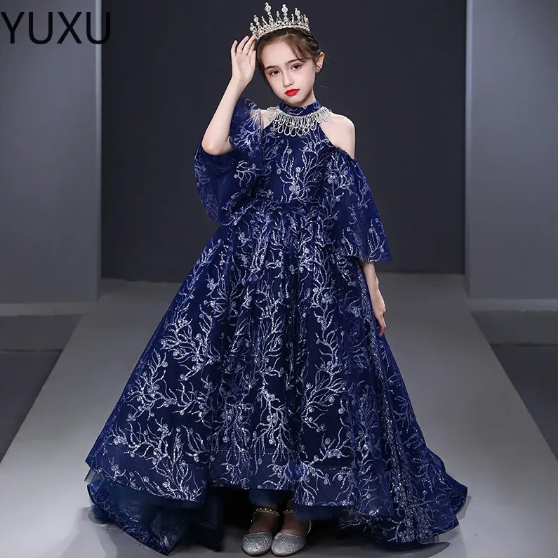 Luxueux Flower Girl Dress Long Train Avec Bow Bead 3D Fleurs Appqulies Robe De Bal Princesse Sainte Première Communion paillettes robes de reconstitution historique pour tout-petits