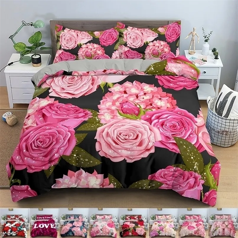 3D Rose Flower Duvet Double 210x210 Bedding Set 23pcs Quilt With Zipper Closure King Size Comforter Cover Valentine Duvet Cover 220616