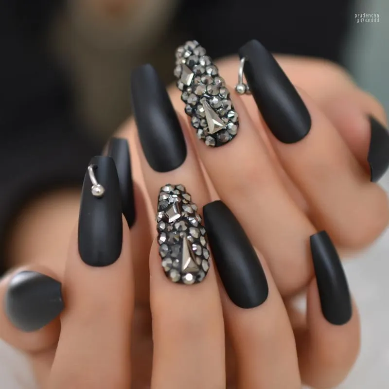 False Nails Matte Black 3D Rhinestone Acryl Nail Tips Coffin Luxe Press op Finger Ballerina 24CT Prud22