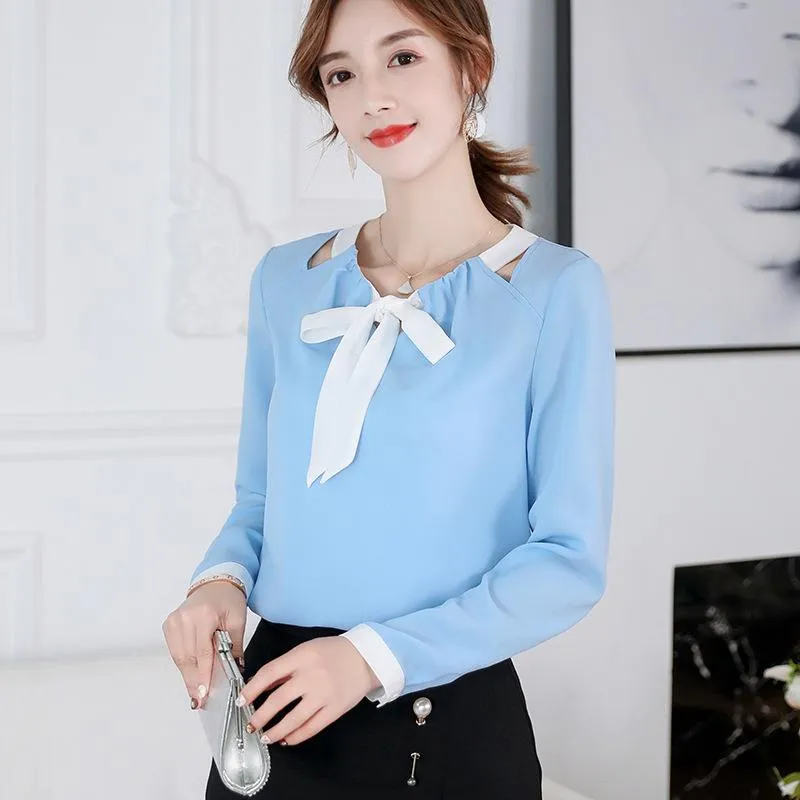 Kadın Bluzlar Gömlek Kore Şifon Gömlek Kadın İlkbahar Yaz Ince Uzun Kollu Ilmek Bluz Ofis Bayan Moda Eğlence Üst H9066