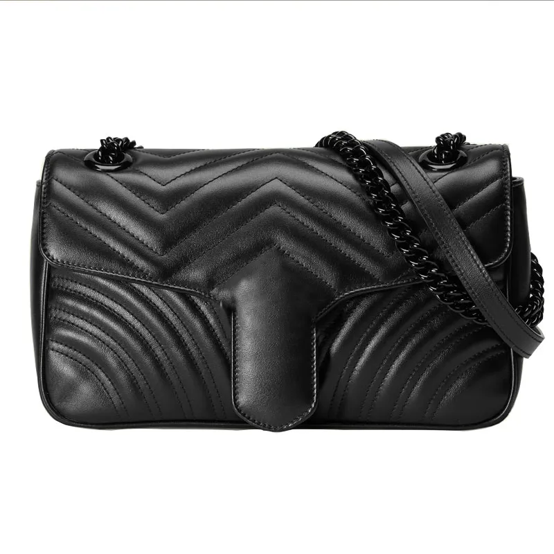 Bolso de hombro de moda Bolsos cruzados Cuero genuino Clásico Negro Metal Cerrojo Cadena Bolsos Totes Monedero Forma de V Solapa de hilo Bolsillo para teléfono celular Cartera cruzada