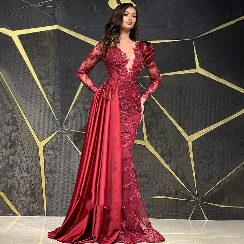 maroon lace long sleeve prom dress Beaded Long Sleeve Prom Dresses Mermaid Lace Applique Formal Dresses 2 vigocouture