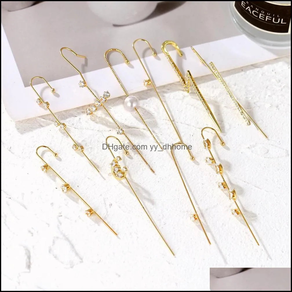 Andra ￶rh￤ngen smycken Fashion Crystal Ear Climber Stud f￶r kvinnor Vintage Gold Chain Leaf Hook Earring Ears manschetter Br￶llopsjuden Dhjrc
