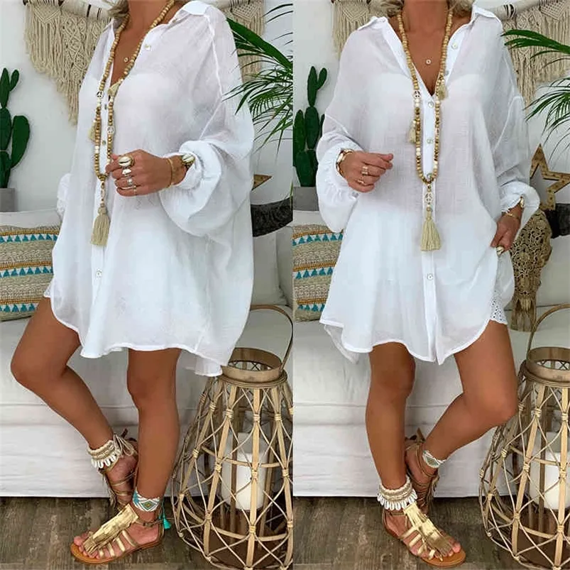 New Loose Women Cover Ups Swimwear White Beach Dress Cotton Beach Kimono Coverups per le donne Costume da bagno Cover Up Beach Woman 210319