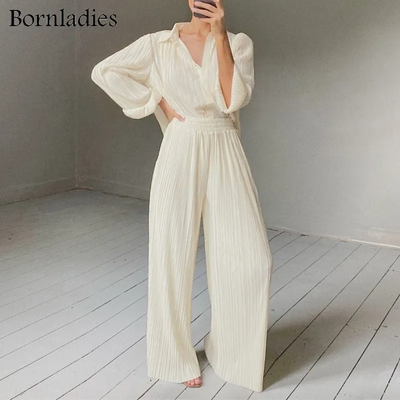 Bornladies Плиссированные широкие брюки Женские комплекты с эластичной резинкой и высокой талией со рюшами Палаццо + свободная блузка Рубашка большого размера W220331