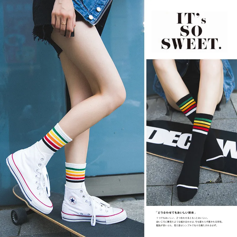 Spring Autumn Women's Casual Sports Socks Lady Rainbow Cotton Breattable Sweat-Absorbing Mid-Rube Sock Bulk Price