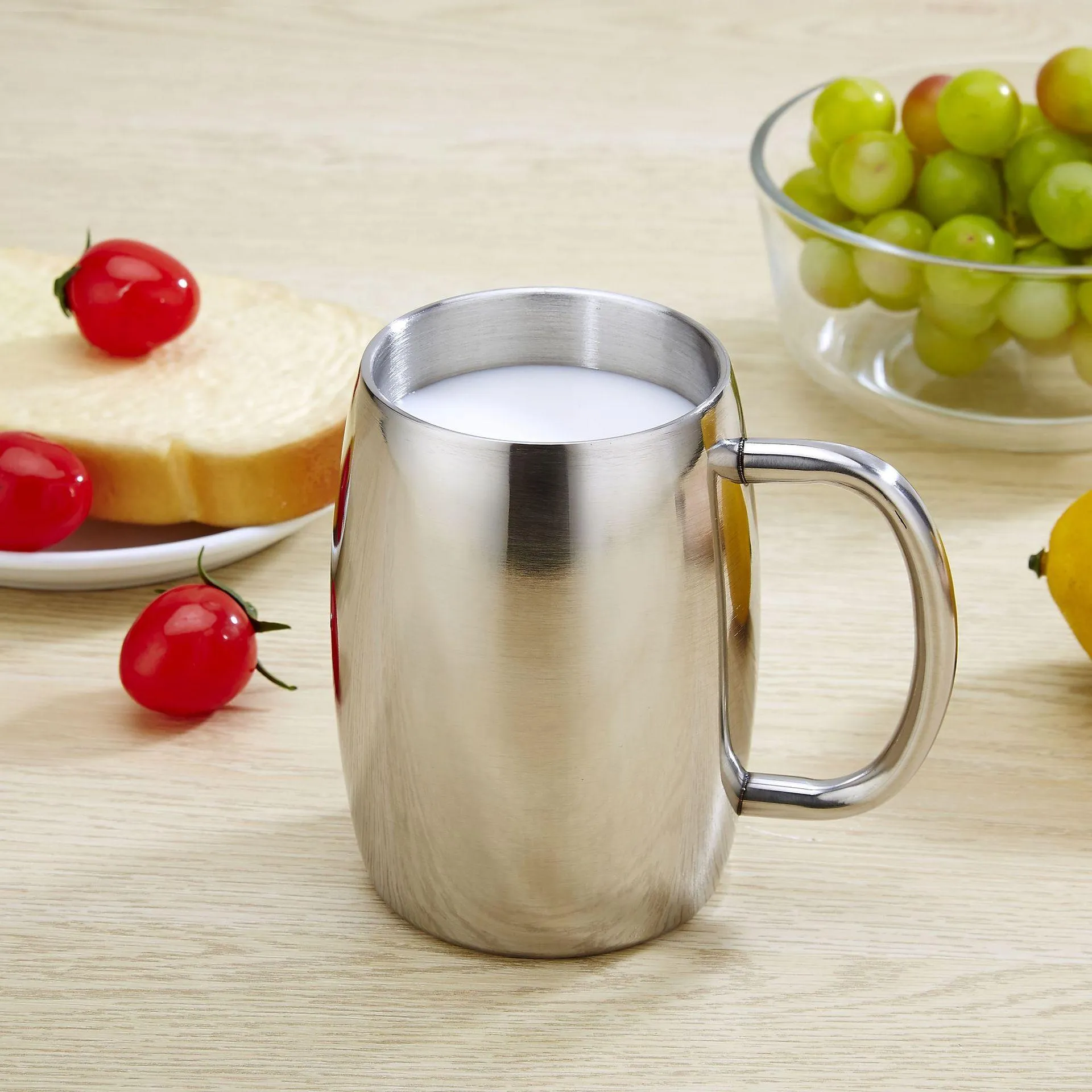500ml Stainless Steel mug Double-layer Beer Coffee Mug Reusable Handle Cup Wine Office Milk Water Bubble Tea Cup Travel Drinkware with handgrip