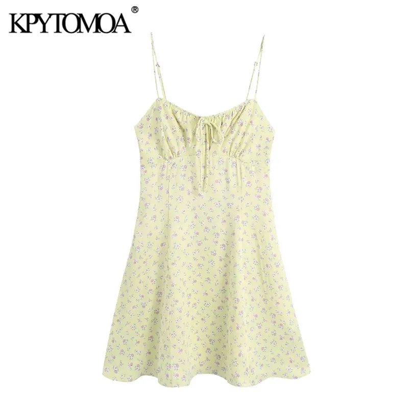 Women Chic Fashion With Ties Floral Print Mini Dress Vintage Backless Elastic Thin Straps Female Dresses Mujer 220526