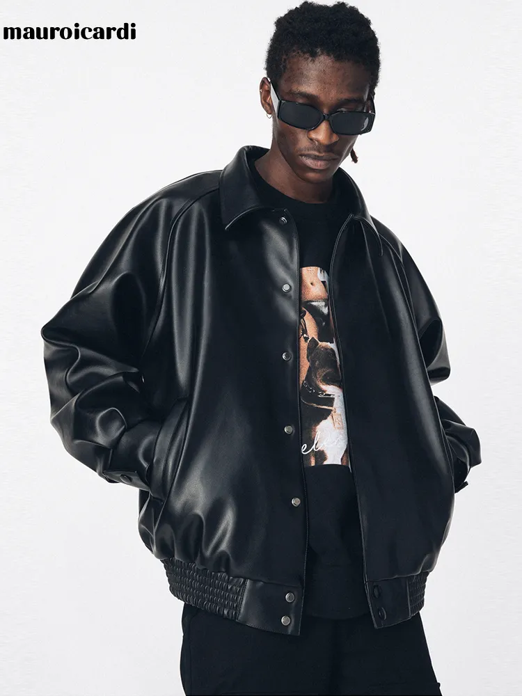 Mauroicardi Mens Oversized Black PU Leather Kids Jackets Boys Autumn Casual Raglan Style With Turndown Collar And Loose Fit Korean Fashion 220812 From Lu04 39.6 DHgate.Com