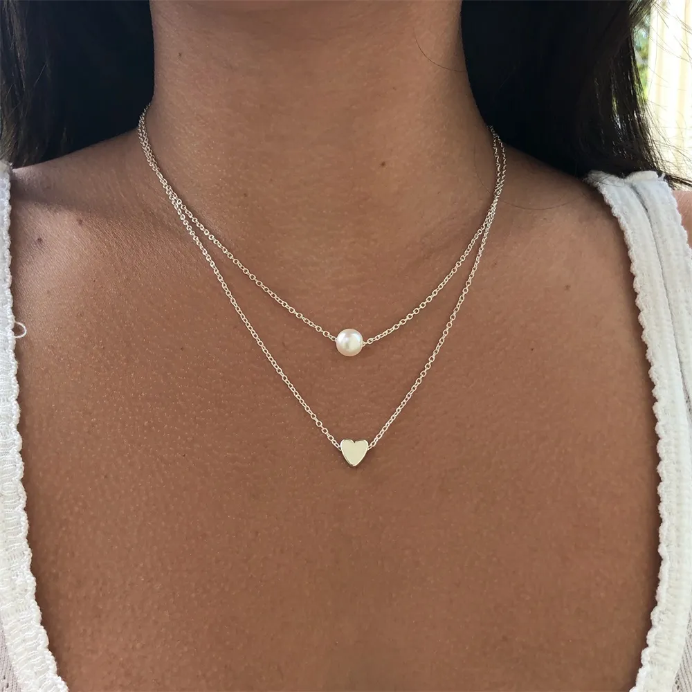 Mode Doux Double Couches Imitation Perles En Forme De Coeur Gouttelettes Pendentifs Colliers Pas Cher Clavicule Bijoux Pour Femmes