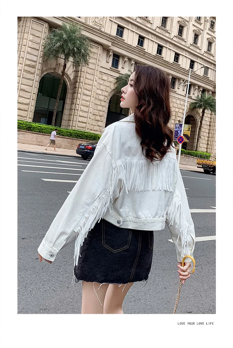 Ny Cool Fashion Women's Turn Down Collar Long Sleeve White Color Denim Jeans Back Tassel Patchwork Short Jacket Plus Size Coat XSSMLXLXXL