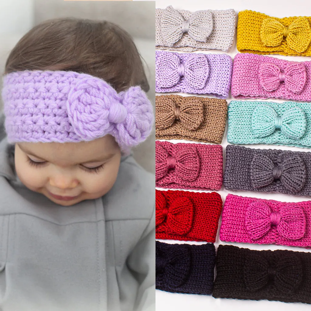 15982 Europa Infantil bebê malha de malha de cabelo Bowknot Farda de cabeça Candy color Headwrap Kids Bandas de cabeça quentes Crianças Bandas de cabelo acessórios 12 cores