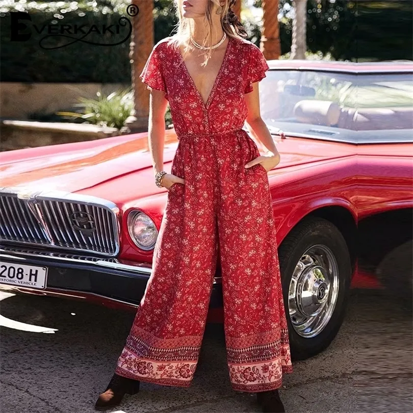 Everkaki Boho Floral Print Rompers Jumpsuits Women Spring Justerbara Sashes Button Lamer Jumpsuits Rompers Female Summer T200509