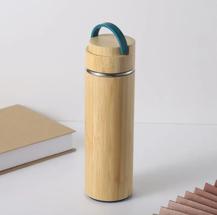 Bamboo Vacuum Insulated Water Bottles 450ml Stainless Steel Thermos with Tea Strainer for Office SN6322