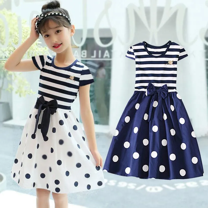Girl's Dresses Summer Girls Dress Fashion Stripe Dot Princess Kids Clothes Cute Party 4 6 7 8 10 12 Years Children CostumesGirl's