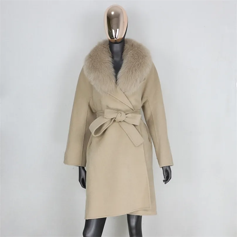 Furbelieve 2020 echte bont jas winterjas vrouwen losse natuurlijke bont kraag kasjmier wol blends bovenkleding riem streetwear lj201106