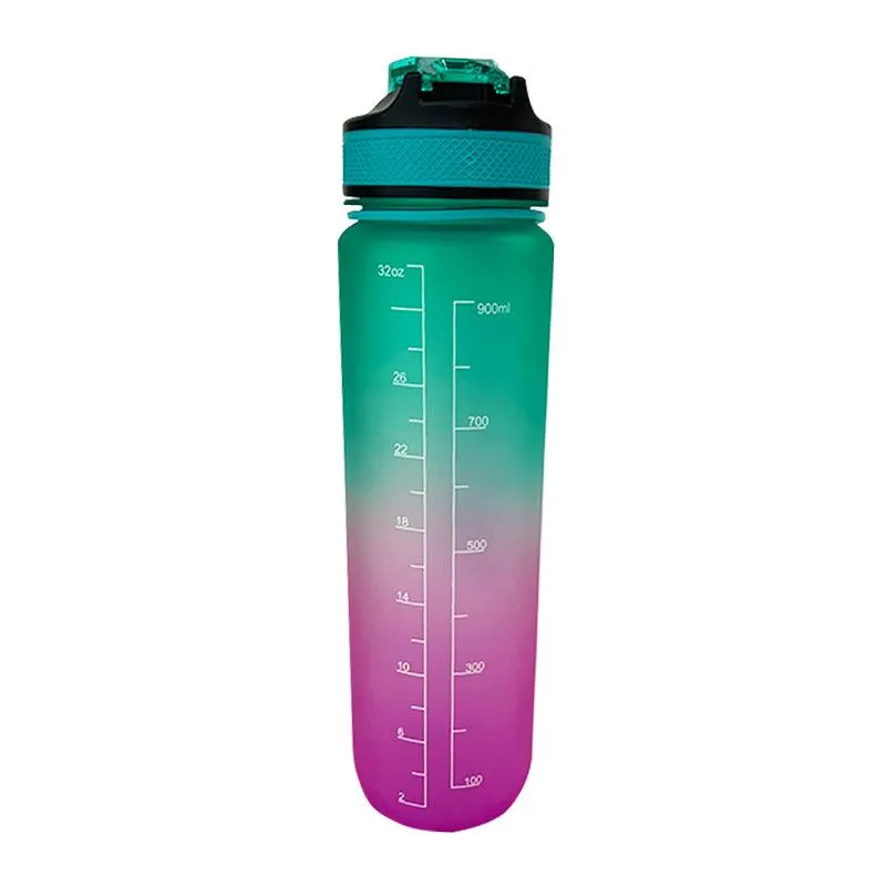 New 1000ml Water Bottle Frosted Rainbow Gradient Plastic Sports Drink Bottle Outdoor Gym Fitness Waters Cup with Time scale