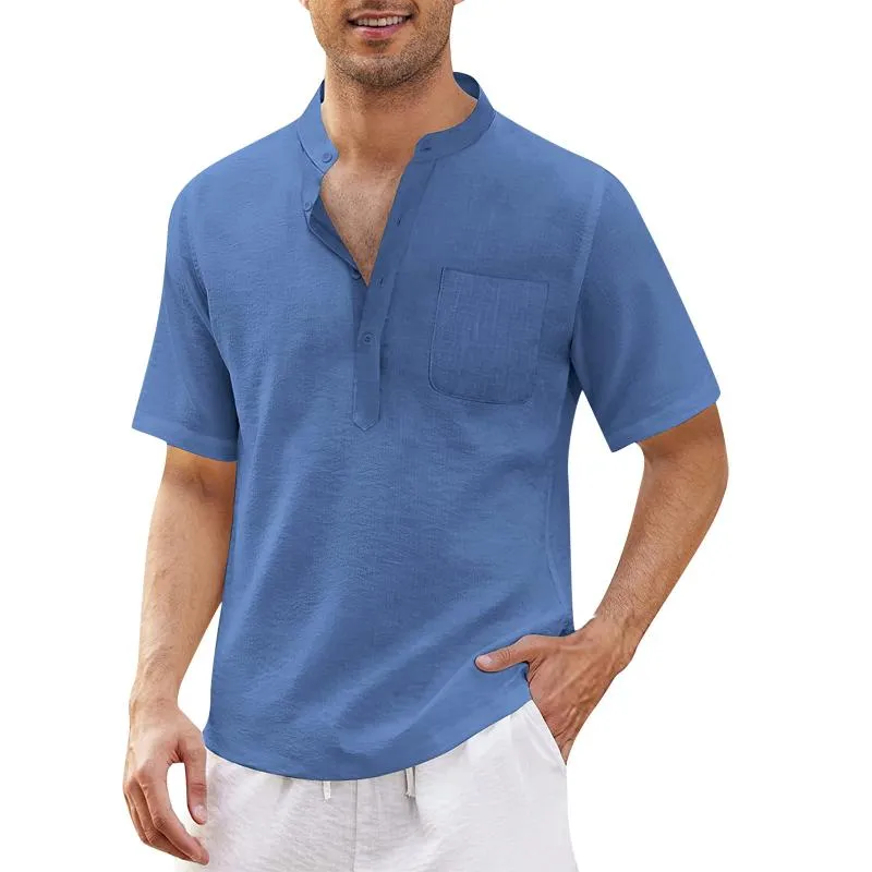 Erkek sıradan gömlekler moda erkekler yaz gevşek pamuklu keten düz renk bluz stant yaka üstleri artı boyutu Camisa Maskulinamen