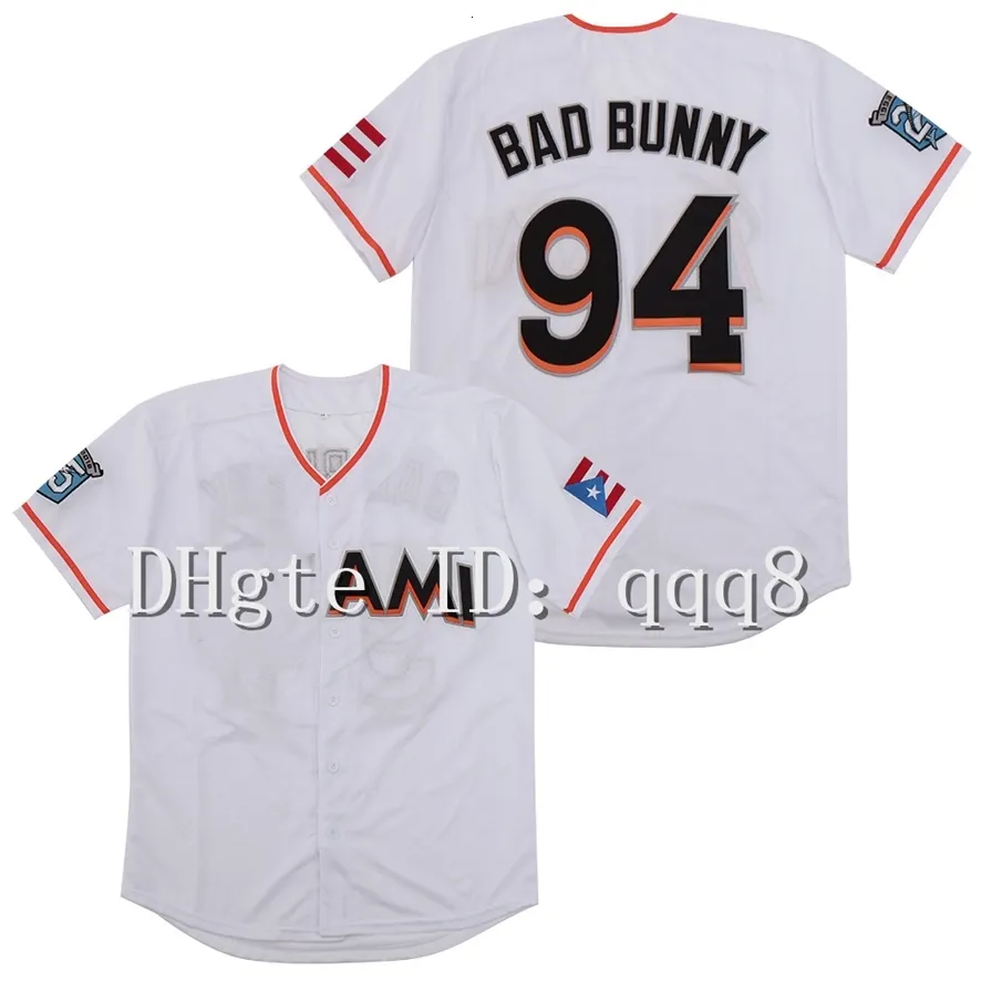 Na85 Top Qualité 1 Maimi Bad Bunny Baseball Jersey Blanc Avec Porto Rico Drapeau Complet Cousu Chemise Taille S-4XL