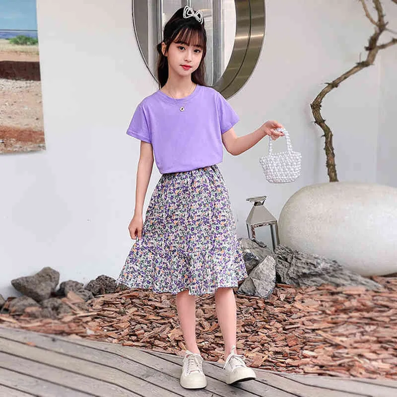 Girls Floral Skirt Set Kids Boutique Clothing Summer Casual Cute Solid Colour Short Sleeve T-shirt Floral Skirt Two Piece Suits G220509