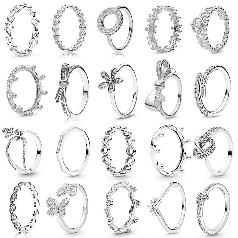 Yeni Popüler 925 Ayar Gümüş Yüzük Boş Aşk Yay Çiçek Parti Vermikülit Pandora Bayan Takı Moda Aksesuarları Hediye