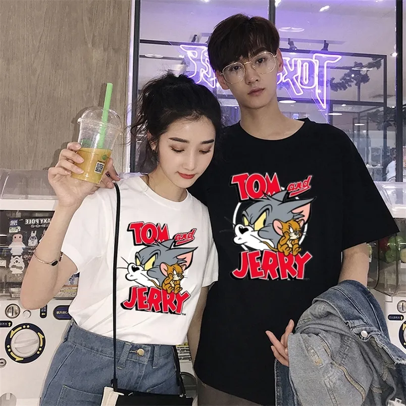 Cat Tom Mouse Jerry paar T -shirt Vintage 90s Grafische tops Harajuku Kawaii Streetwear Women Men Mode Casual T -shirt Camisetas 220628