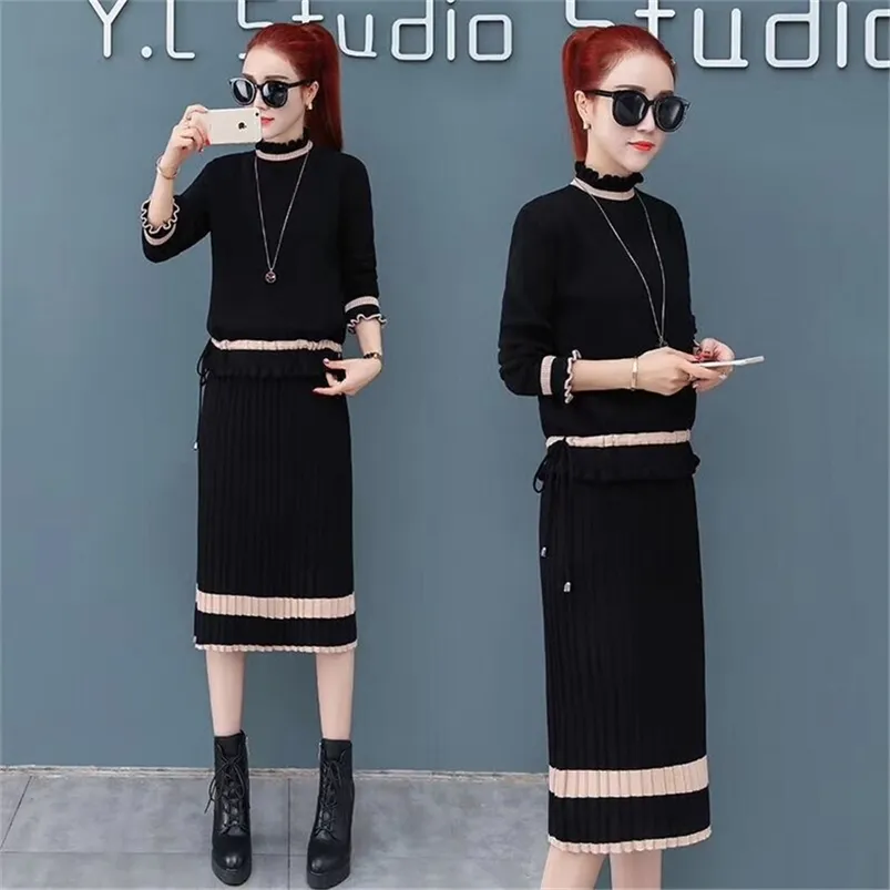 2019 New Women Women Sleeve Longa Turtleneck Sweater Sweater Skirt Skirt Conjunto de saia Lady Runway Terno de saia T200702