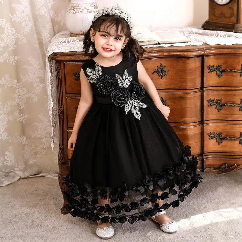 Vestidos de menina adorável flor de meninas de flor de meninas preto bebê criança roupas de batismo de flores artesanais tutu vestidos de bola de aniversário