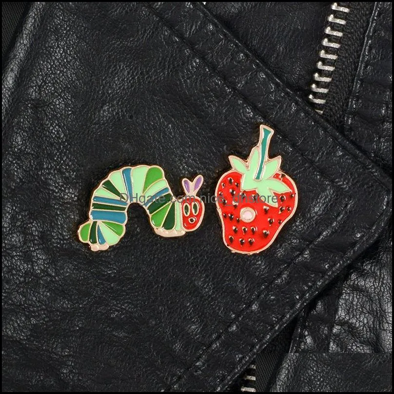 strawberry caterpillar enamel pin cartoon plant animal badge brooch lapel pin denim jeans shirt bag funny cute jewelry gift