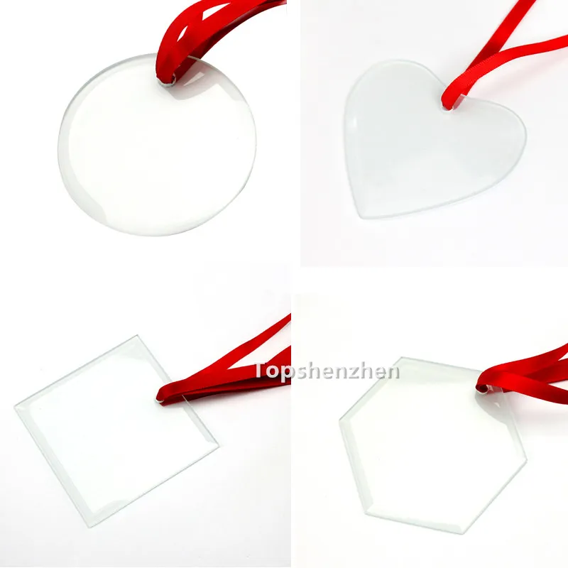 3inch 4Style Sublimation Blanks Glass Christmas Pendant Single Side Heat Transfer Ornaments Festival Decore With Red Ribbon For DIY Crafting Home Xmas Tree Decor