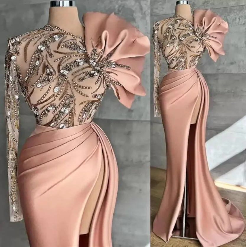 Elegante Sheer One manica lunga sirena Prom Dresses 2022 Sexy Front Split Sweep Train Raso rosa abiti da sera formale Occasioni Robe De SOiree B0601W3