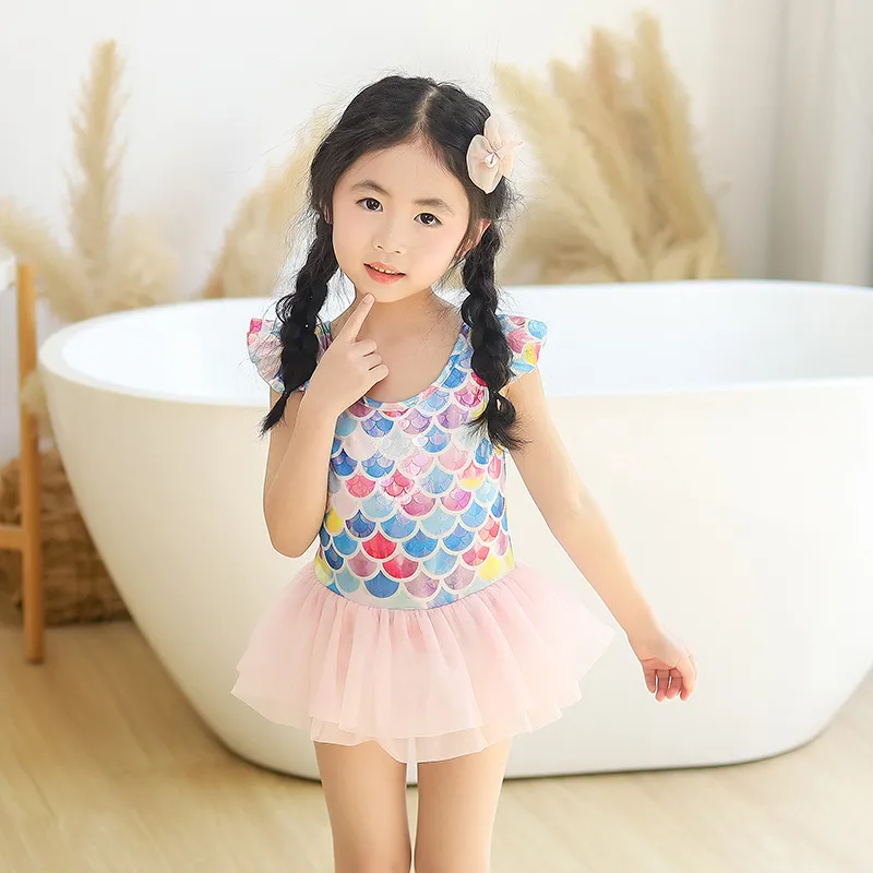 Children cartoon lovely mermaid one-piece swimwear fashion baby girls fish scale fly sleeve gauze swimsuit kids princess spa bathing suits S2104