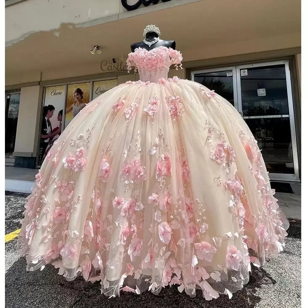 Розовые легкие платья Quinceanera с D-цветочной аппликацией из тюля со шлейфом с открытыми плечами и складками из бисера Милое бальное платье на день рождения на заказ