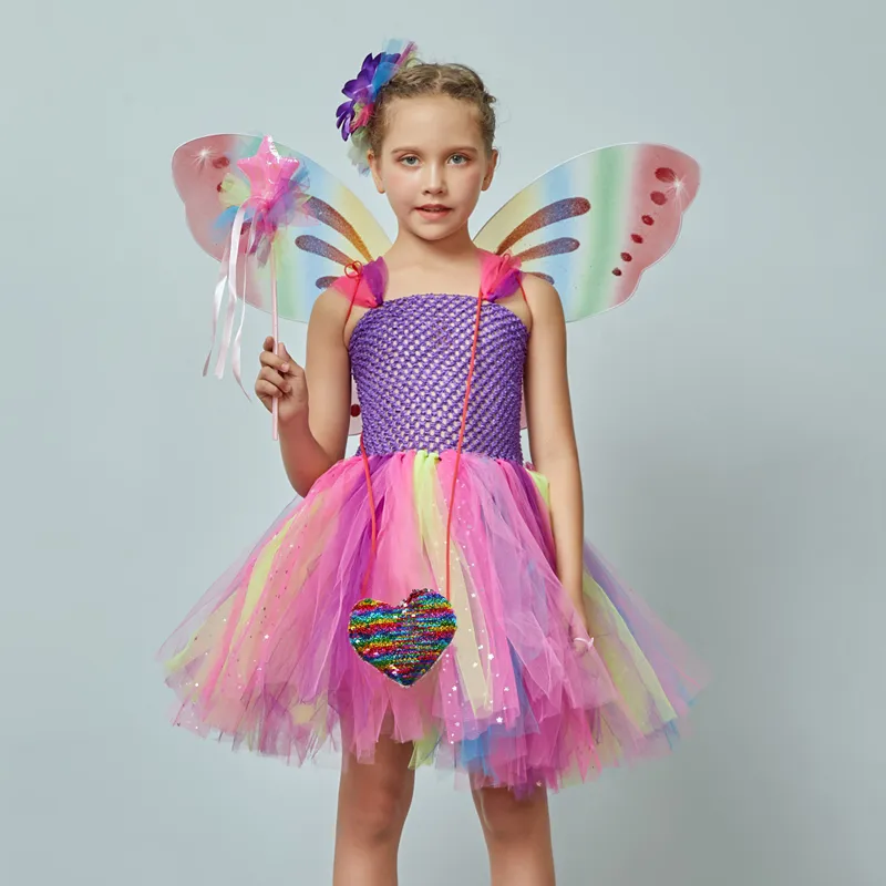 Girls Butterfly Fairy Fancy Tutu Dress Wings Costume Kids Princess Birthday Party Dress Halloween Cosplay Kids Spring Tulle Dress (1)